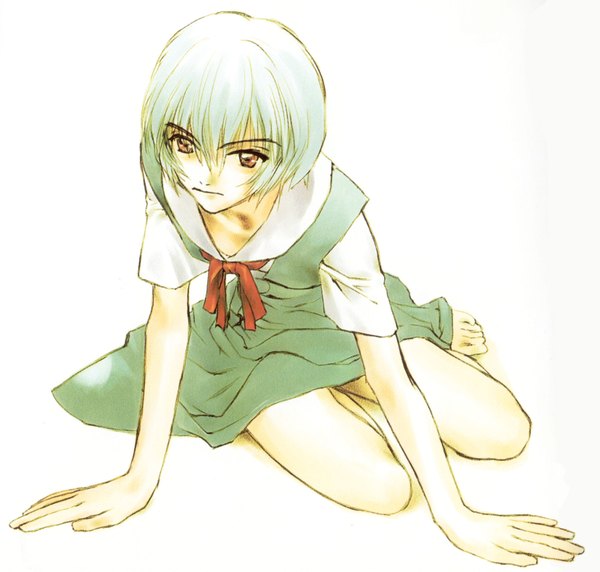 Anime picture 3312x3162 with neon genesis evangelion gainax ayanami rei okazaki takeshi single highres short hair simple background white background sitting absurdres full body white hair orange eyes girl uniform school uniform