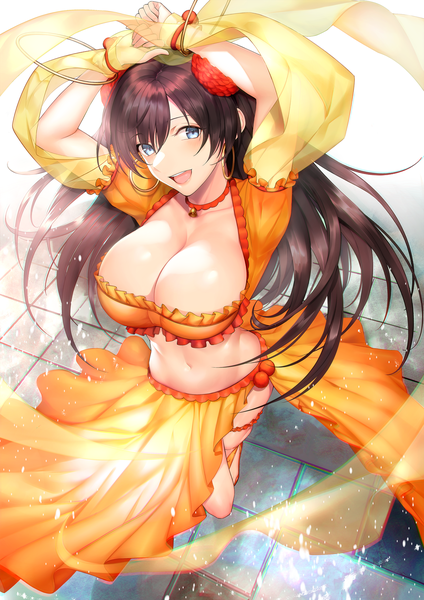 Anime picture 1736x2455 with fate (series) fate/grand order mata hari (fate/grand order) yagitome87 single long hair tall image looking at viewer blush fringe highres breasts open mouth blue eyes light erotic smile hair between eyes brown hair large breasts cleavage