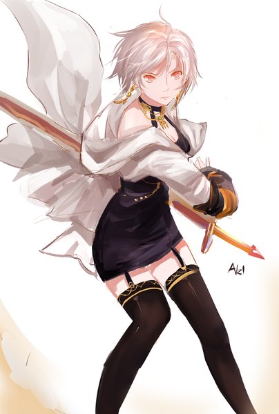 Anime picture 2362x3507 with dungeon and fighter female slayer (dungeon and fighter) sword master (dungeon and fighter) annnna single tall image looking at viewer fringe highres short hair simple background red eyes standing white background holding signed cleavage ahoge bent knee (knees) white hair