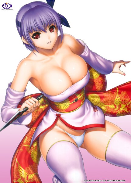 Anime picture 2550x3550 with dead or alive ayane (doa) iruma kamiri single tall image looking at viewer highres short hair breasts light erotic large breasts bare shoulders brown eyes cleavage purple hair traditional clothes japanese clothes fingernails scan girl