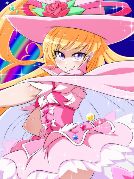 Anime picture 1080x1440 with precure mahou girls precure! toei animation asahina mirai cure miracle cure miracle (alexandrite style) konboi-eg single long hair tall image looking at viewer fringe blonde hair smile purple eyes sparkle puffy sleeves hand on hip outstretched arm side ponytail
