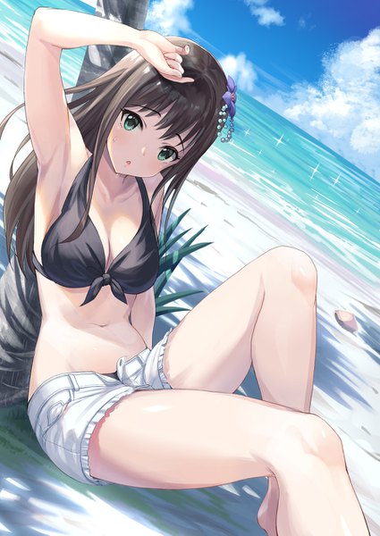 Anime picture 900x1271 with idolmaster idolmaster cinderella girls shibuya rin tamakaga single long hair tall image looking at viewer blush fringe breasts open mouth light erotic black hair green eyes sky cleavage cloud (clouds) bent knee (knees) outdoors