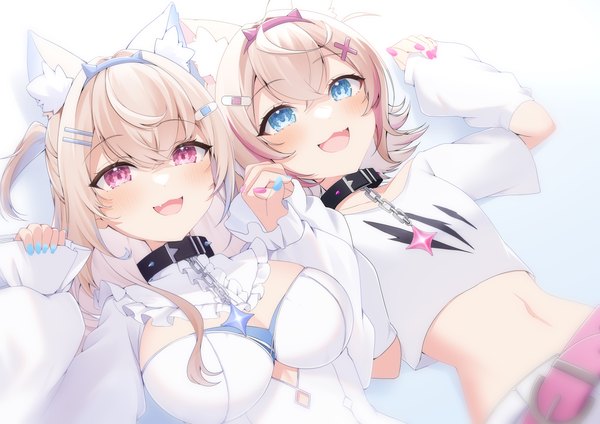 Anime picture 4093x2894 with virtual youtuber hololive hololive english mococo abyssgard fuwawa abyssgard mococo abyssgard (1st costume) fuwawa abyssgard (1st costume) mia (mk2022) long hair blush fringe highres short hair open mouth blue eyes light erotic blonde hair hair between eyes multiple girls animal ears