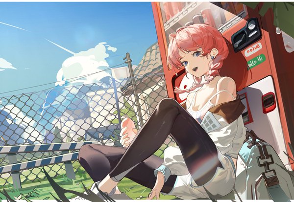 Anime picture 2048x1410 with arknights blue poison (arknights) blue poison (shoal beat) (arknights) yeyuanqianqianqian single long hair looking at viewer highres open mouth blue eyes pink hair sky cloud (clouds) outdoors braid (braids) :d twin braids official alternate costume strap slip girl