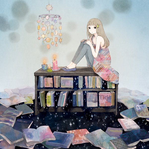 Anime picture 1300x1300 with original yuuko (nora0x0) sitting bare shoulders grey hair girl hair ornament book (books) shelf candle (candles) bookshelf hairpin (hairpins) chandelier