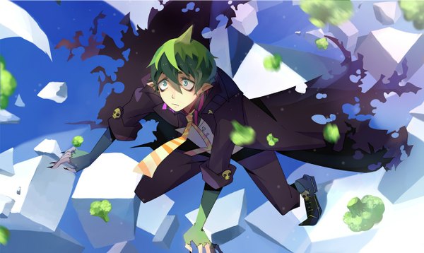 Anime picture 1284x768 with ao no exorcist a-1 pictures amaimon dai hachi ten nise maou (artist) single short hair wide image green eyes ahoge nail polish green hair from above pointy ears looking up boy gloves necktie fingerless gloves cloak vest