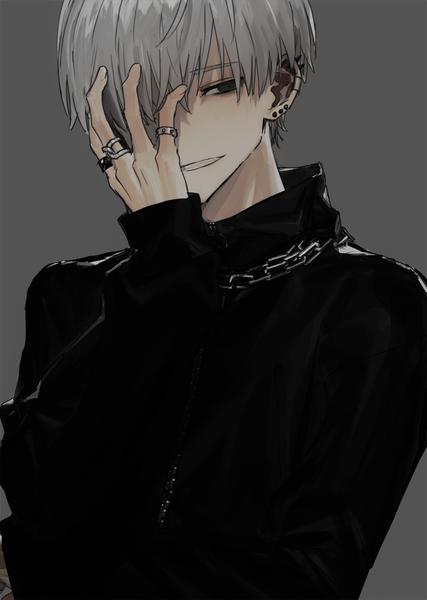 Anime picture 712x1000 with original hirota tsuu single tall image fringe short hair simple background upper body grey hair black eyes hair over one eye grey background piercing sleeves past wrists ear piercing hand on face boy ring turtleneck