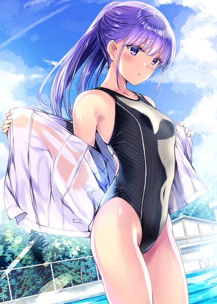 Anime picture 1110x1553 with original kobayashi chisato single long hair tall image blush fringe breasts light erotic standing purple eyes payot sky purple hair cloud (clouds) outdoors ponytail blunt bangs sunlight dutch angle