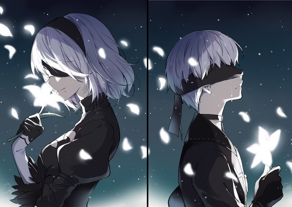Anime picture 2000x1422 with nier nier:automata yorha no. 2 type b yorha no. 9 type s hazuki natsu highres short hair smile holding silver hair upper body profile mole tears multiview mole under mouth blindfold girl boy gloves