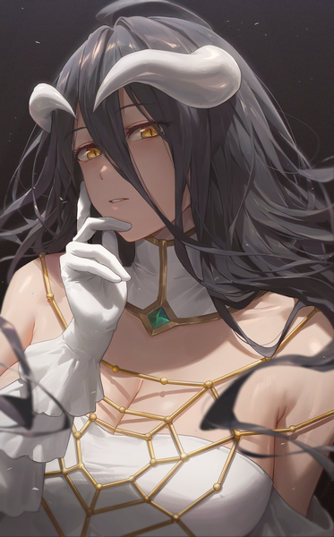 Anime picture 3000x4821 with overlord (maruyama) madhouse albedo (overlord) free style (yohan1754) single long hair tall image looking at viewer fringe highres breasts light erotic black hair simple background hair between eyes large breasts yellow eyes upper body ahoge parted lips