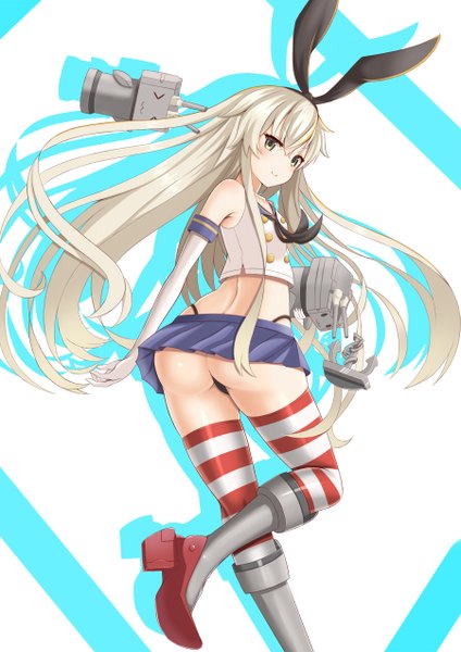 Anime picture 900x1272 with kantai collection shimakaze destroyer rensouhou-chan zukky single long hair tall image blush light erotic brown eyes ass white hair girl thighhighs skirt gloves underwear panties bow weapon