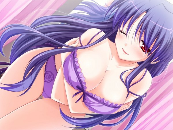 Anime picture 1024x768 with sacred vampire (game) long hair blush breasts light erotic smile red eyes large breasts game cg purple hair one eye closed wink underwear only girl underwear panties