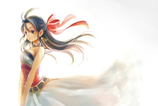 Anime picture 1136x768 with dragon quest dragon quest v flora (dragon quest) ria single long hair black hair wind black eyes half updo ribbon (ribbons) earrings jewelry