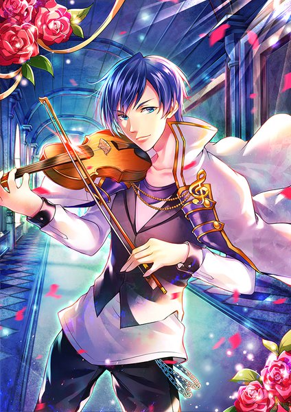 Anime picture 800x1132 with vocaloid kaito (vocaloid) p@nda single tall image looking at viewer fringe short hair blue eyes standing blue hair light smile clothes on shoulders playing instrument treble clef boy flower (flowers) petals rose (roses) chain