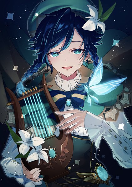 Anime picture 1764x2508 with genshin impact venti (genshin impact) crystalfly (genshin impact) kmes niku single tall image looking at viewer highres short hair open mouth blue hair upper body braid (braids) :d hair flower aqua eyes twin braids boy flower (flowers) beret