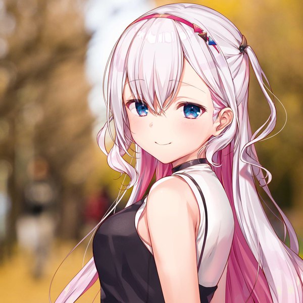 Anime picture 1622x1622 with virtual youtuber avatar 2.0 project musubime yui komeshiro kasu single long hair looking at viewer blush fringe breasts blue eyes hair between eyes large breasts bare shoulders payot pink hair upper body looking back multicolored hair light smile