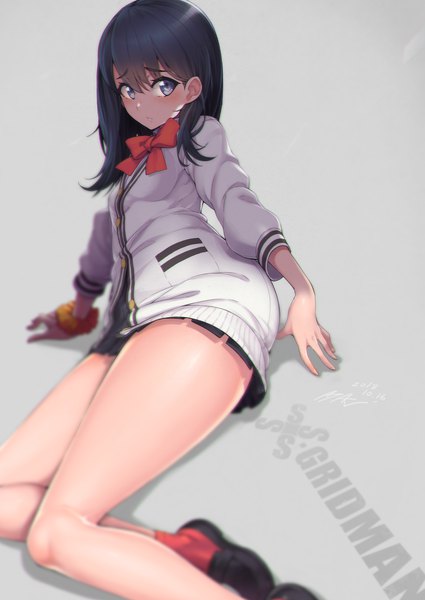 Anime picture 2125x3000 with gridman universe ssss.gridman studio trigger takarada rikka ayaki (artist) single long hair tall image looking at viewer blush fringe highres blue eyes light erotic black hair simple background hair between eyes signed bent knee (knees) pleated skirt