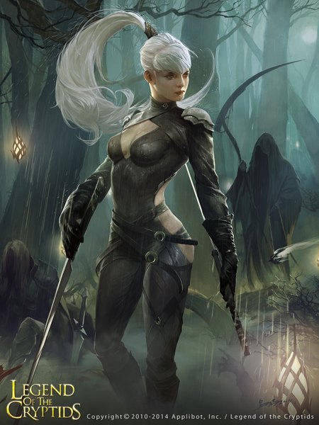 Anime picture 1280x1707 with legend of the cryptids death (entity) grim reaper crowgod long hair tall image holding cleavage white hair ponytail lips copyright name dual wielding bare tree death girl gloves weapon plant (plants) tree (trees)