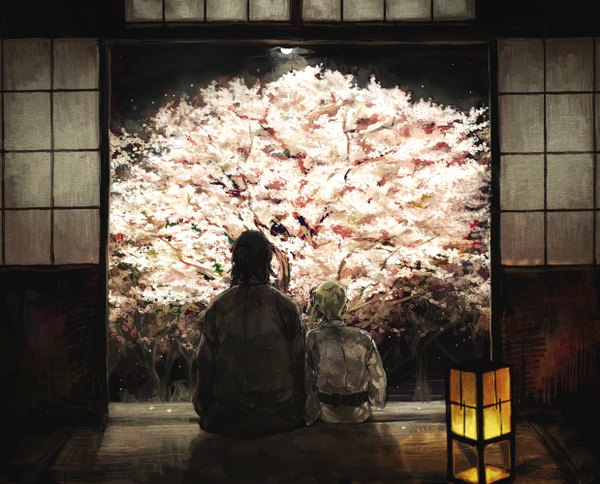 Anime picture 1238x1000 with murasan short hair black hair japanese clothes green hair from behind night cherry blossoms boy plant (plants) petals tree (trees) lamp sliding doors japanese house shouji