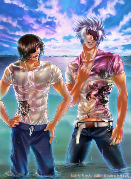 Anime picture 1024x1400 with sengoku basara production i.g date masamune motochika chousokabe rin-shiba tall image short hair open mouth light erotic red eyes brown hair brown eyes sky silver hair cloud (clouds) multiple boys hieroglyph wet clothes hands on hips boy
