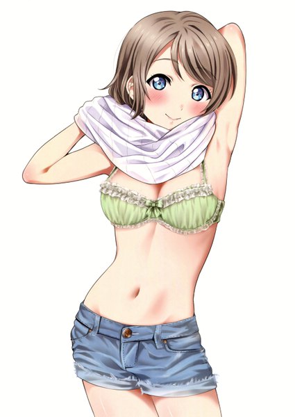 Anime picture 4045x5715 with love live! sunshine!! sunrise (studio) love live! watanabe you rozen5 single tall image looking at viewer blush fringe highres short hair breasts blue eyes light erotic simple background smile brown hair large breasts standing
