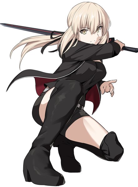 Anime picture 724x984 with fate (series) fate/grand order artoria pendragon (all) saber alter shiseki hirame single tall image looking at viewer fringe short hair breasts simple background blonde hair hair between eyes white background holding yellow eyes full body bent knee (knees) ponytail