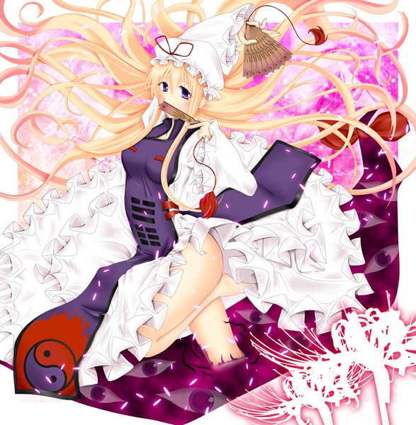 Anime picture 1000x1023 with touhou yakumo yukari fule single long hair tall image light erotic blonde hair purple eyes eyes girl dress flower (flowers) petals bonnet fan