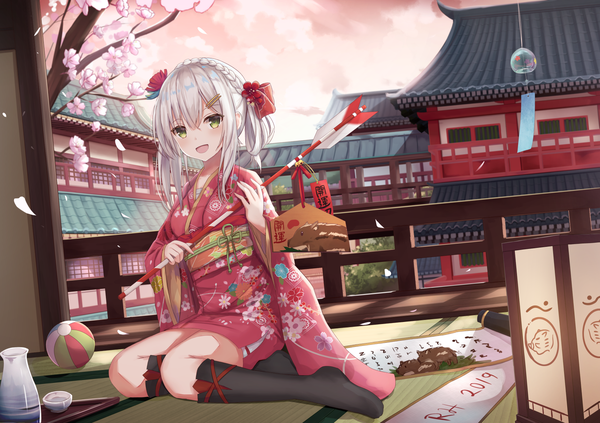Anime picture 1756x1239 with original touhourh single looking at viewer blush fringe highres short hair open mouth hair between eyes sitting holding green eyes payot sky silver hair cloud (clouds) full body outdoors braid (braids)