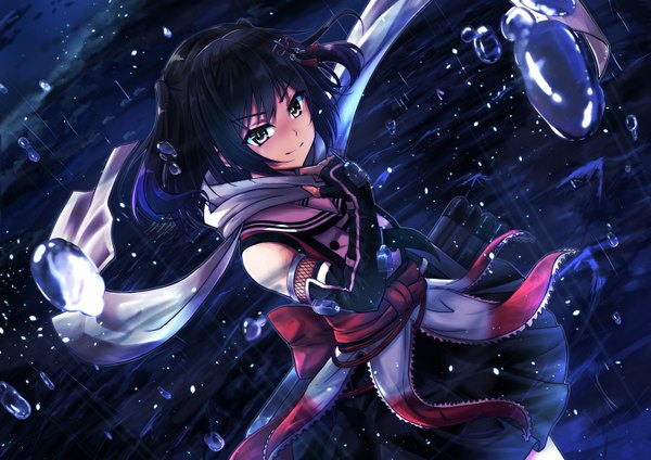Anime picture 1500x1060 with kantai collection sendai light cruiser bassa single short hair black hair smile bare shoulders yellow eyes looking away sky cloud (clouds) night two side up rain girl gloves hair ornament elbow gloves scarf