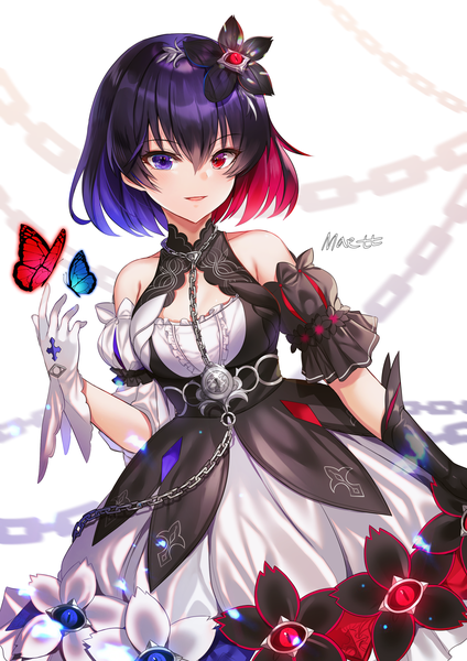 Anime picture 2143x3035 with honkai impact 3rd benghuai xueyuan honkai (series) seele vollerei seele vollerei (stygian nymph) maett single tall image looking at viewer blush fringe highres short hair open mouth smile red eyes purple eyes bare shoulders signed purple hair