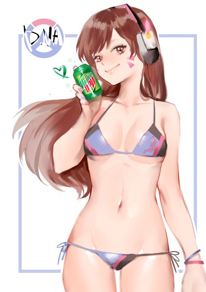 Anime picture 657x930 with overwatch blizzard entertainment mountain dew d.va (overwatch) a (2341779) single long hair tall image looking at viewer fringe light erotic simple background smile brown hair standing white background brown eyes nail polish character names groin