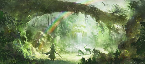 Anime picture 1600x706 with original pixiv fantasia pixiv fantasia fallen kings lost elle single wide image signed scenic waterfall flower (flowers) weapon plant (plants) animal sword tree (trees) water bird (birds) cape grass forest