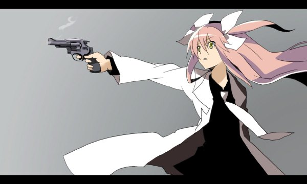 Anime picture 1200x720 with mahou shoujo madoka magica shaft (studio) kaname madoka goddess madoka okuba single long hair simple background wide image twintails holding yellow eyes pink hair grey background letterboxed smoke smoking gun mafia girl uniform