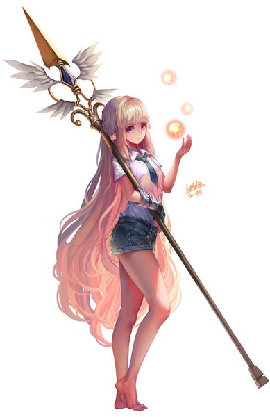 Anime picture 909x1400 with dungeon and fighter letdie1414 single tall image looking at viewer fringe blonde hair simple background red eyes standing white background holding signed full body very long hair barefoot pointy ears bare legs short sleeves wavy hair