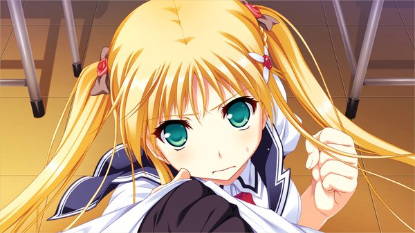 Anime picture 1280x720 with tojita sekai no tori colony long hair looking at viewer blonde hair wide image twintails green eyes game cg girl uniform bow hair bow school uniform fist