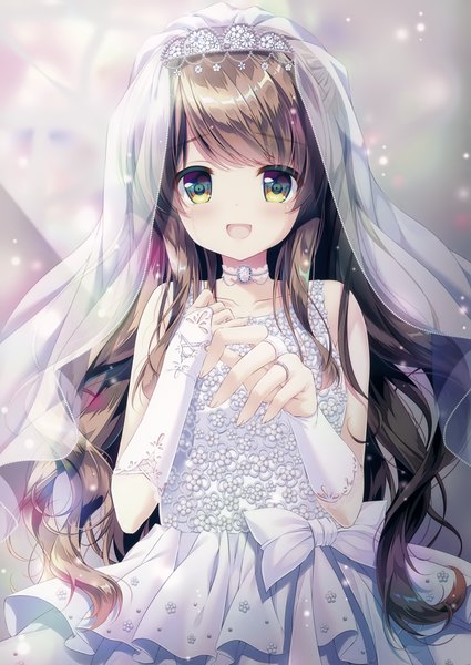 Anime picture 2481x3500 with original melonbooks mizuki yuuma single tall image looking at viewer blush fringe highres open mouth smile brown hair bare shoulders green eyes upper body very long hair :d scan multicolored eyes wedding