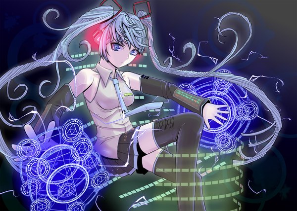 Anime picture 2240x1600 with vocaloid hatsune miku highres blue eyes twintails blue hair very long hair magic girl skirt detached sleeves miniskirt necktie headphones magic circle
