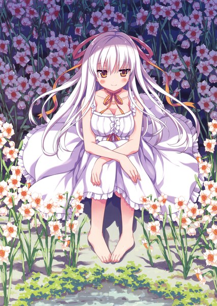 Anime picture 2483x3500 with original odawara hakone single long hair tall image looking at viewer blush highres sitting brown eyes white hair scan official art bare legs girl flower (flowers) ribbon (ribbons) hair ribbon sundress flower field
