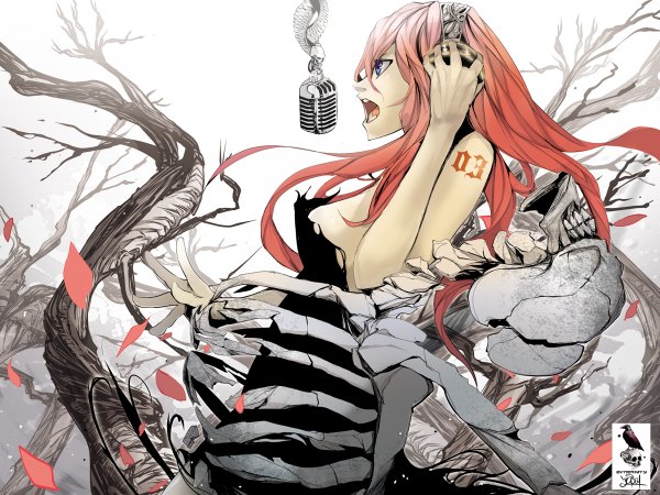 Anime picture 1200x900 with vocaloid megurine luka jinbei (artist) single long hair breasts blue eyes signed pink hair tattoo skeleton singing girl dress plant (plants) petals tree (trees) headphones microphone skull