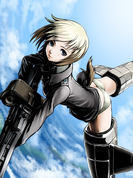 Anime-Bild 1000x1334 mit strike witches erica hartmann amaguchi chiyoko single tall image short hair breasts blue eyes light erotic blonde hair large breasts holding looking away sky cloud (clouds) outdoors ass tail animal tail bare legs