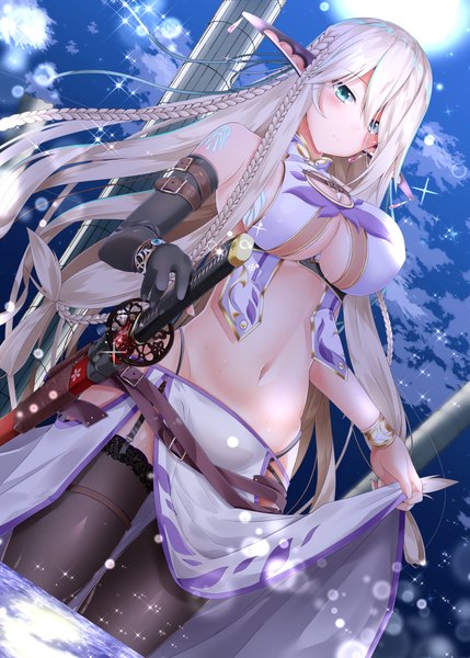 Anime picture 714x999 with original shirosuzu single long hair tall image blush fringe breasts light erotic large breasts standing bare shoulders holding sky silver hair cloud (clouds) outdoors braid (braids) aqua eyes light smile