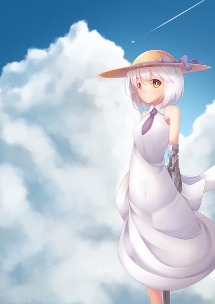 Anime picture 1254x1771 with original kzy090 single tall image looking at viewer short hair sky cloud (clouds) white hair orange eyes sleeveless hands behind back mechanical arms borrowed character mechanical parts girl dress hat necktie white dress