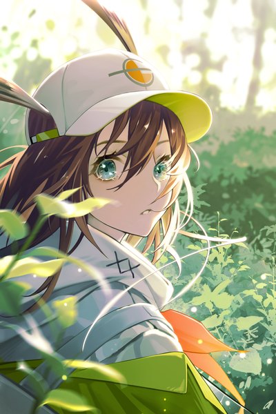 Anime picture 1200x1800 with arknights amiya (arknights) amiya (planter) (arknights) amiya (seeder) (arknights) zhuang yao single long hair tall image looking at viewer fringe hair between eyes brown hair animal ears upper body outdoors parted lips looking back aqua eyes wind from behind