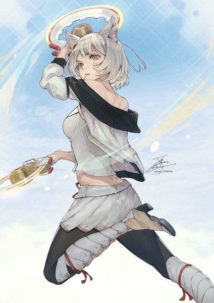 Anime picture 1061x1500 with xenoblade xenoblade 3 mio (xenoblade) fadingz single tall image fringe short hair open mouth standing bare shoulders holding signed animal ears yellow eyes sky silver hair cloud (clouds) bent knee (knees) long sleeves