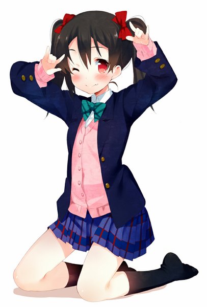 Anime picture 677x1000 with love live! school idol project sunrise (studio) love live! yazawa nico meito (maze) single tall image looking at viewer blush short hair black hair simple background smile red eyes white background pleated skirt one eye closed wink teeth fang (fangs)