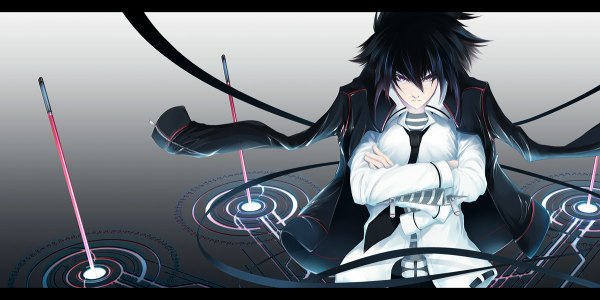 Anime picture 1200x600 with original sira-kura single looking at viewer short hair black hair wide image pink eyes crossed arms clothes on shoulders boy necktie