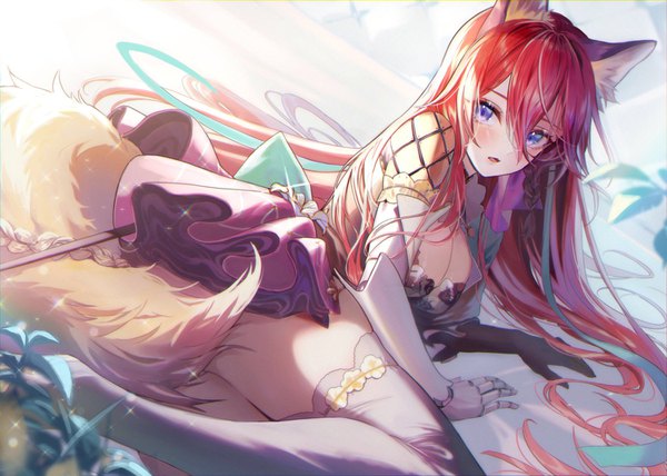 Anime picture 1500x1070 with red: pride of eden gloria (pride of eden) magako single looking at viewer blush fringe breasts open mouth light erotic hair between eyes large breasts purple eyes animal ears cleavage red hair tail very long hair animal tail sparkle