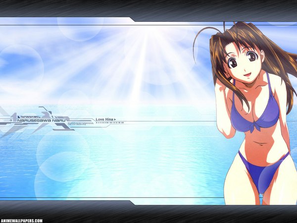 Anime picture 1024x768 with love hina narusegawa naru single long hair light erotic brown hair brown eyes ahoge wallpaper lens flare girl swimsuit bikini sea