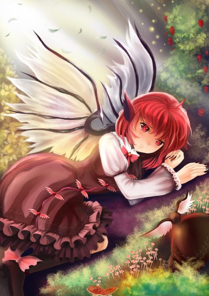 Anime picture 1000x1414 with touhou mystia lorelei mg42cat-k1ng single tall image short hair red eyes red hair hat removed headwear removed girl dress flower (flowers) wings