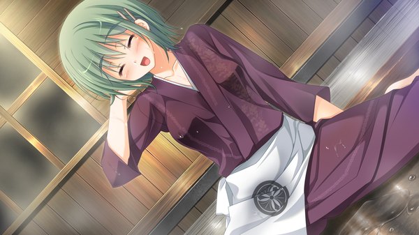 Anime picture 1280x720 with 1/2 summer sesena yau blush short hair open mouth wide image game cg eyes closed japanese clothes green hair girl